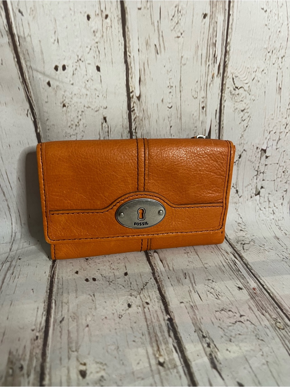 Fossil Orange Leather Trifold Wallet with Lock Accent
